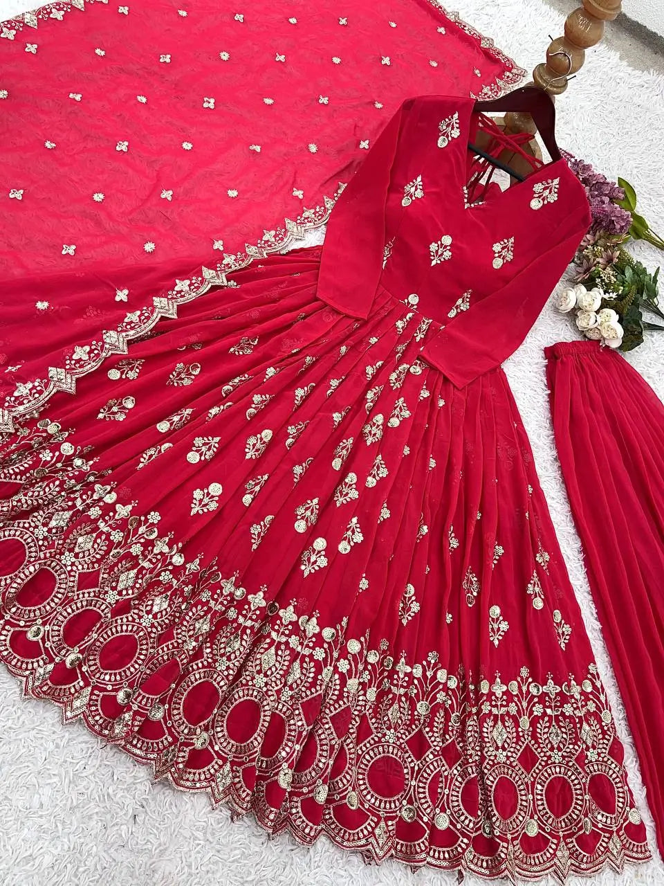 Designer Faux Georgette Embroidered Anarkali Gown Set