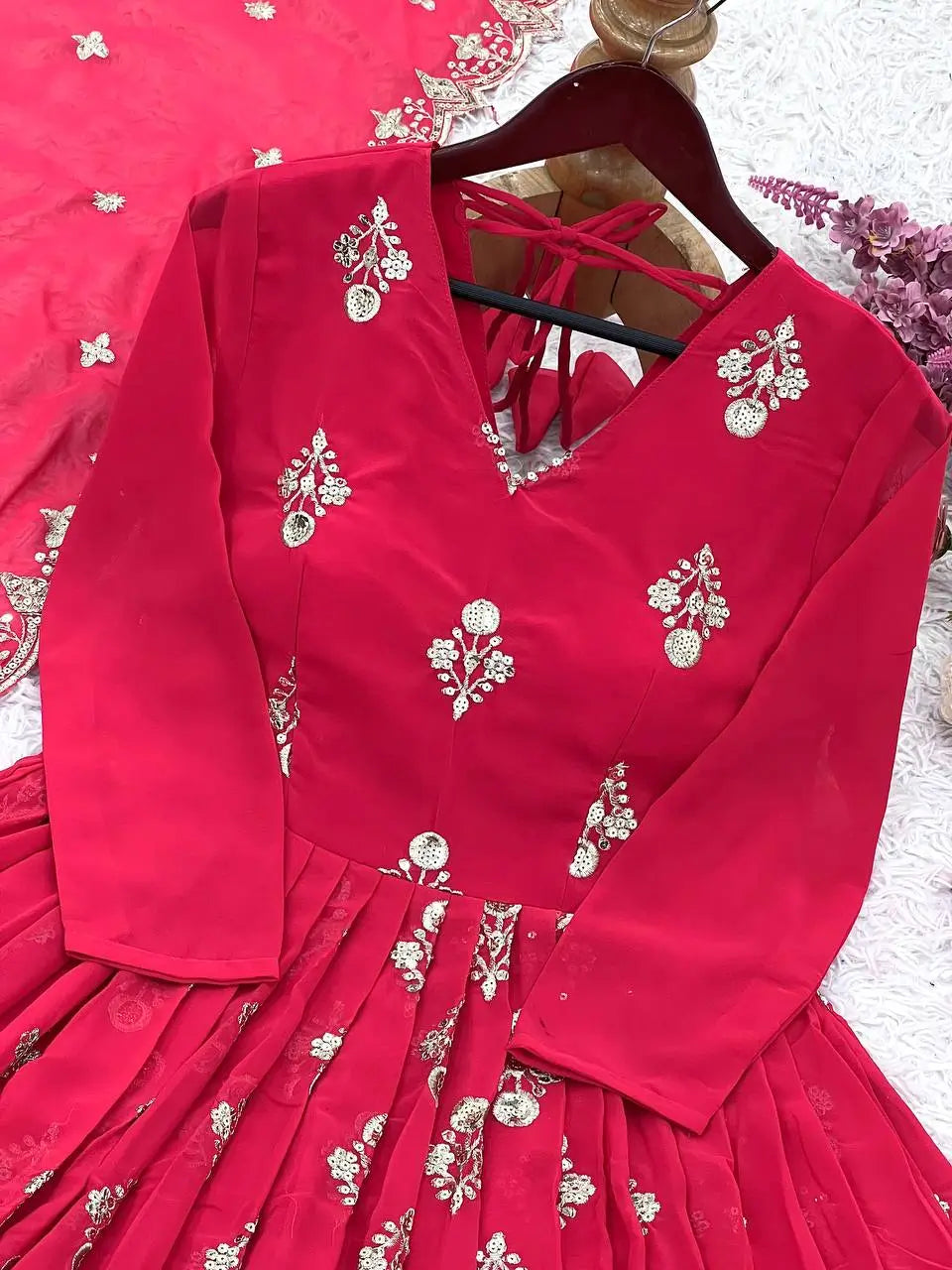 Designer Faux Georgette Embroidered Anarkali Gown Set