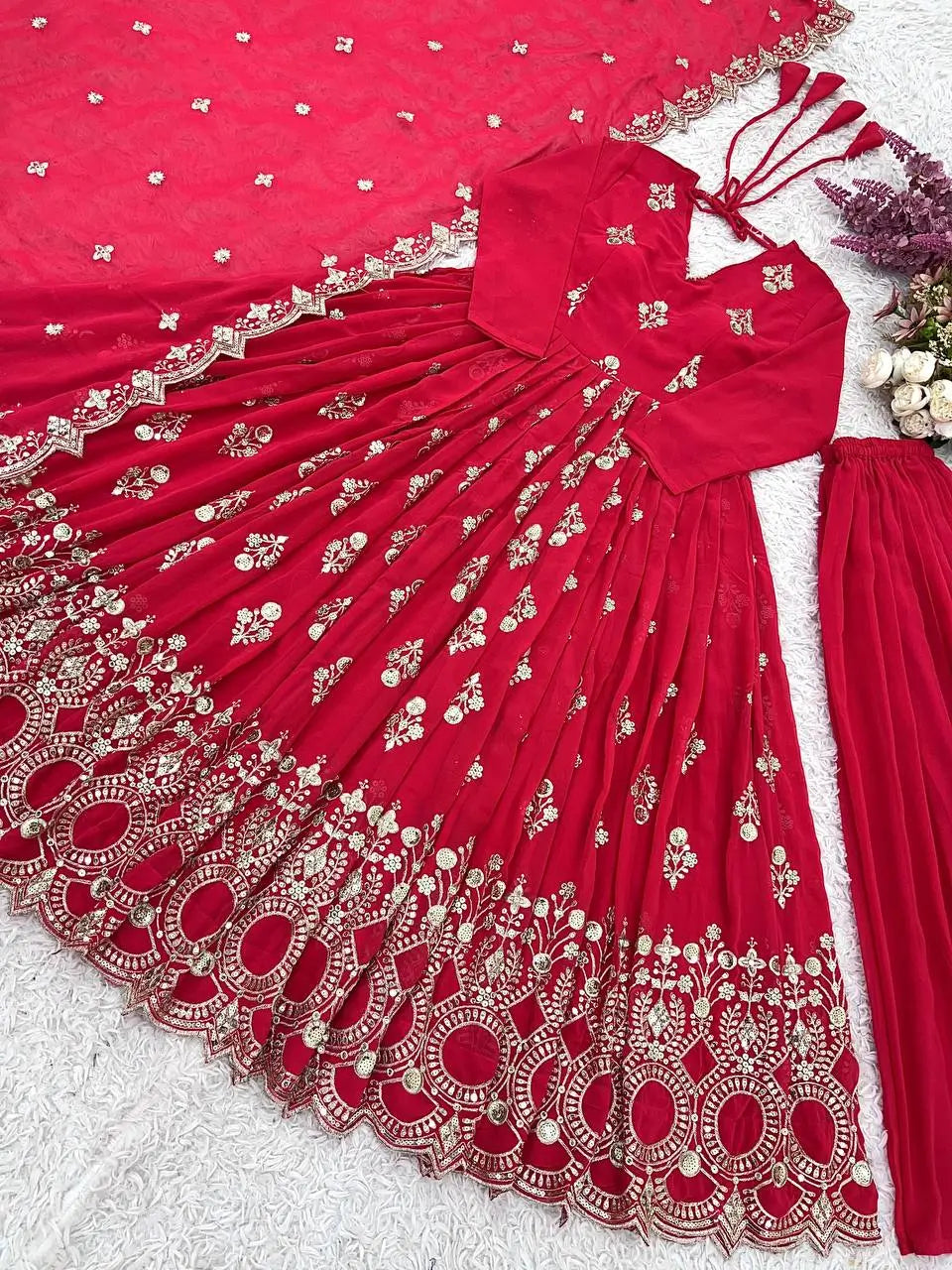 Designer Faux Georgette Embroidered Anarkali Gown Set