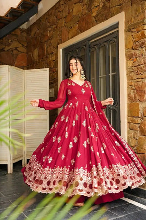 Designer Faux Georgette Embroidered Anarkali Gown Set