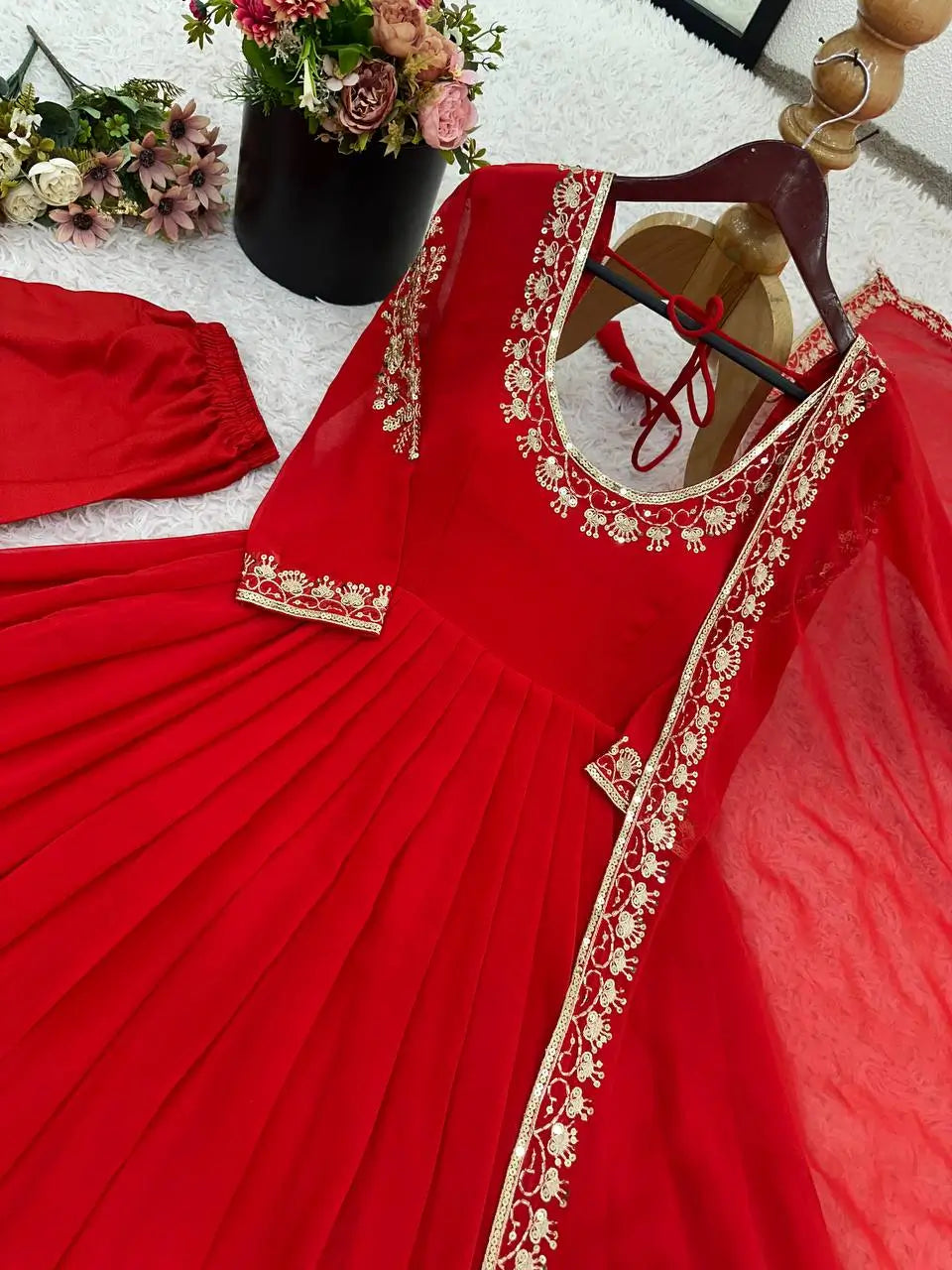 Designer Faux Georgette Embroidered Anarkali Set