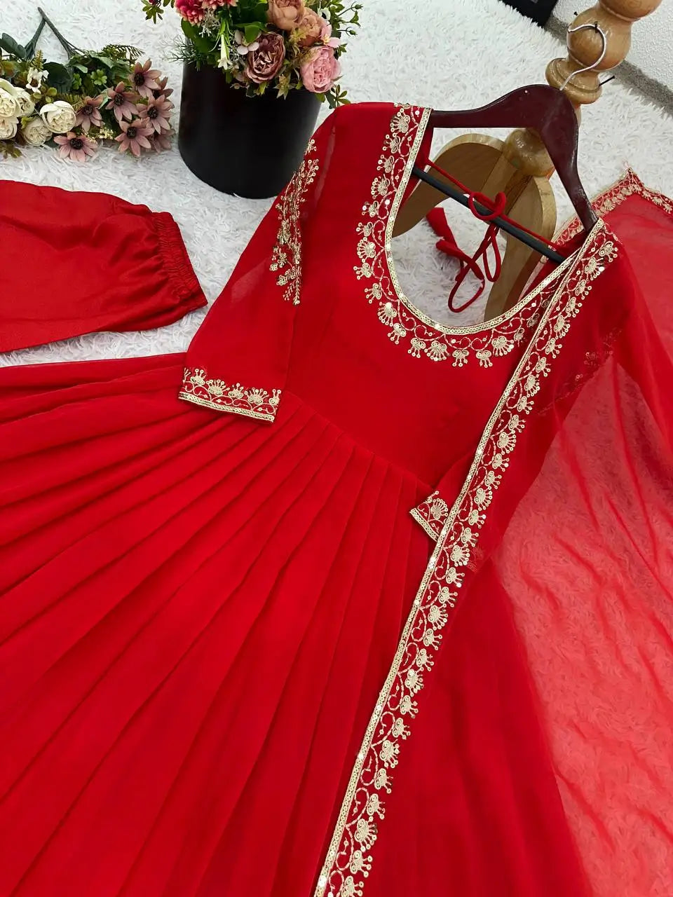 Designer Faux Georgette Embroidered Anarkali Set