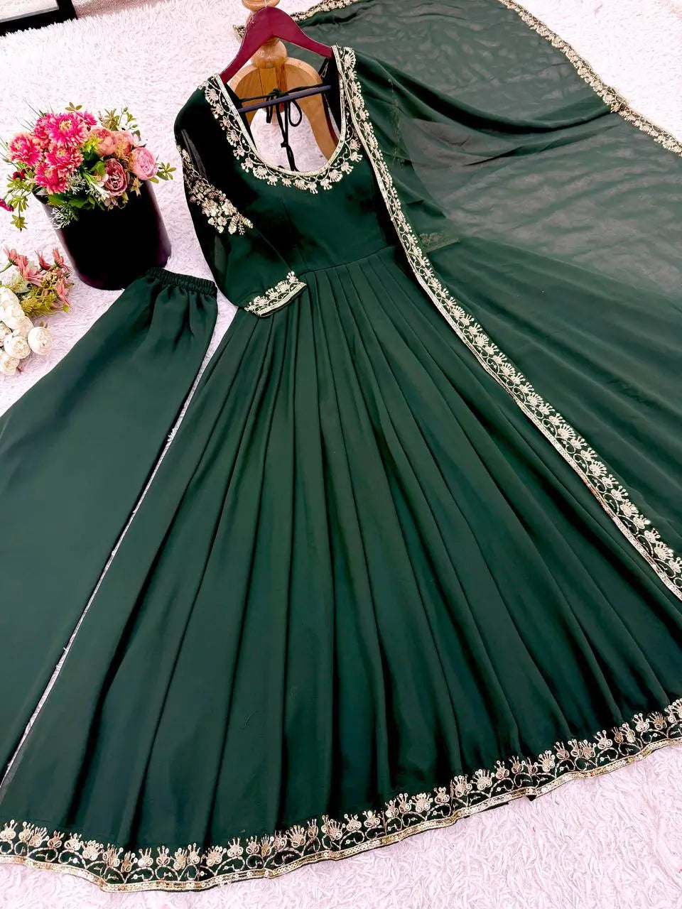 Designer Faux Georgette Embroidered Anarkali Set