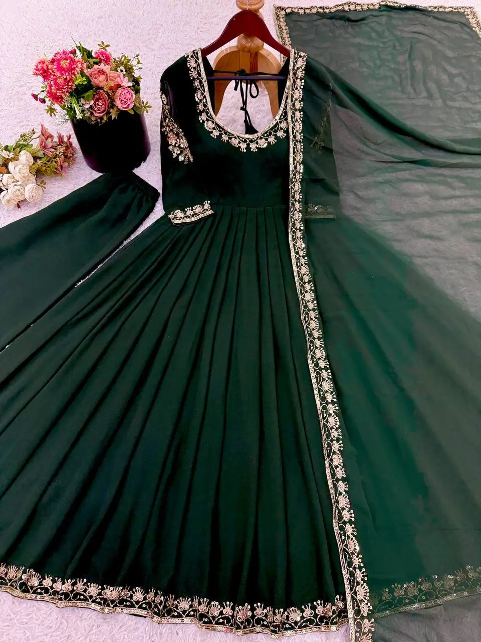 Designer Faux Georgette Embroidered Anarkali Set