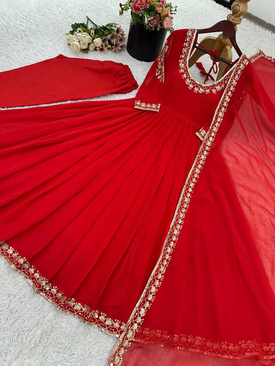 Designer Faux Georgette Embroidered Anarkali Set