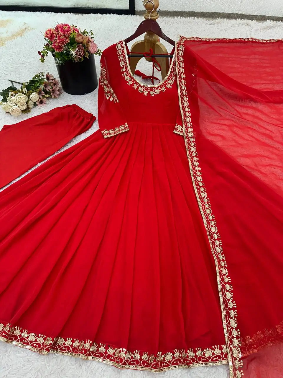 Designer Faux Georgette Embroidered Anarkali Set