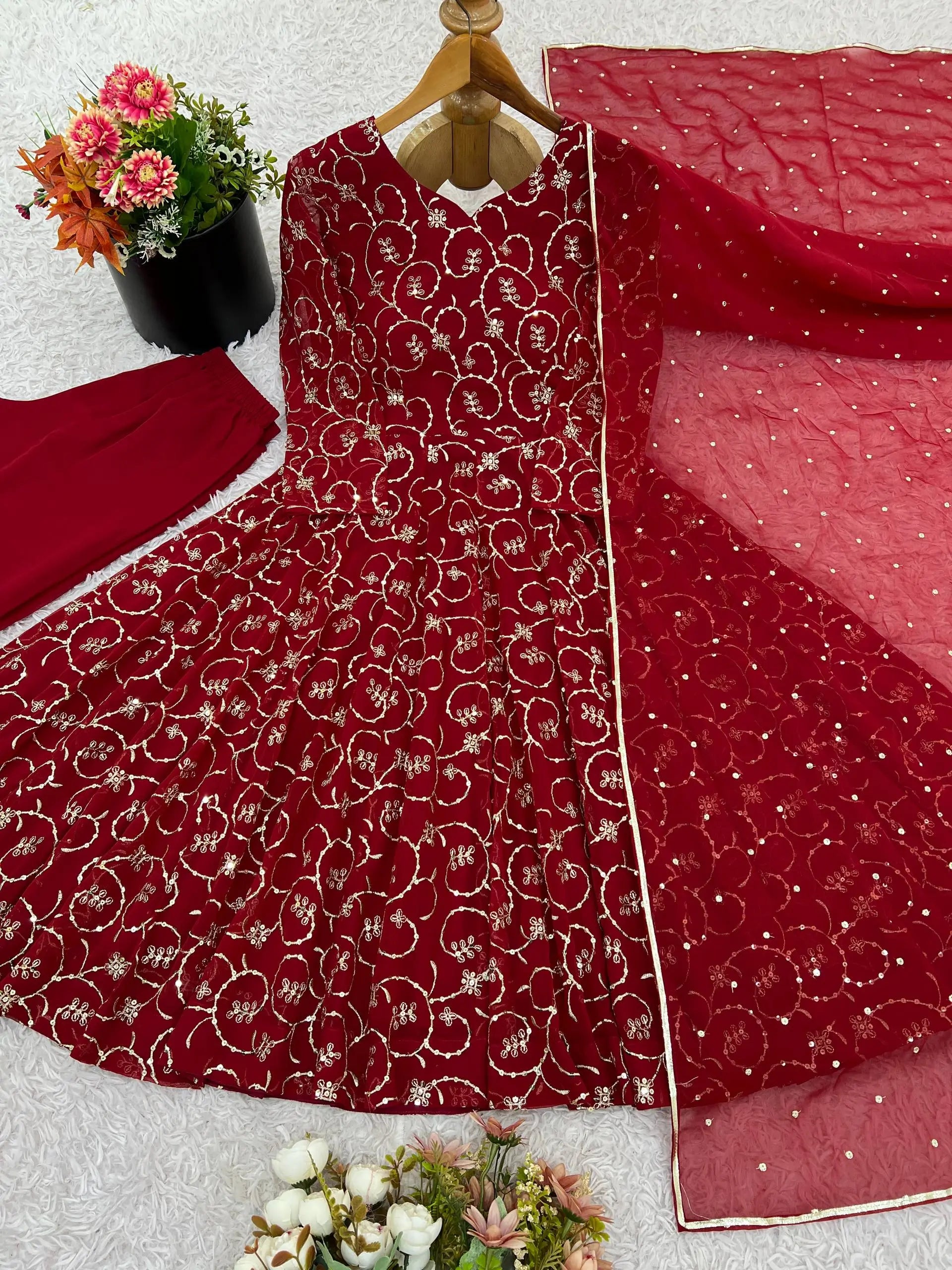 Designer Faux Georgette Embroidered Gown Set