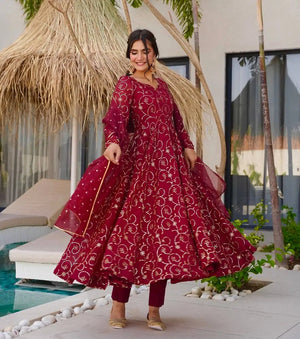 Designer Faux Georgette Embroidered Gown Set