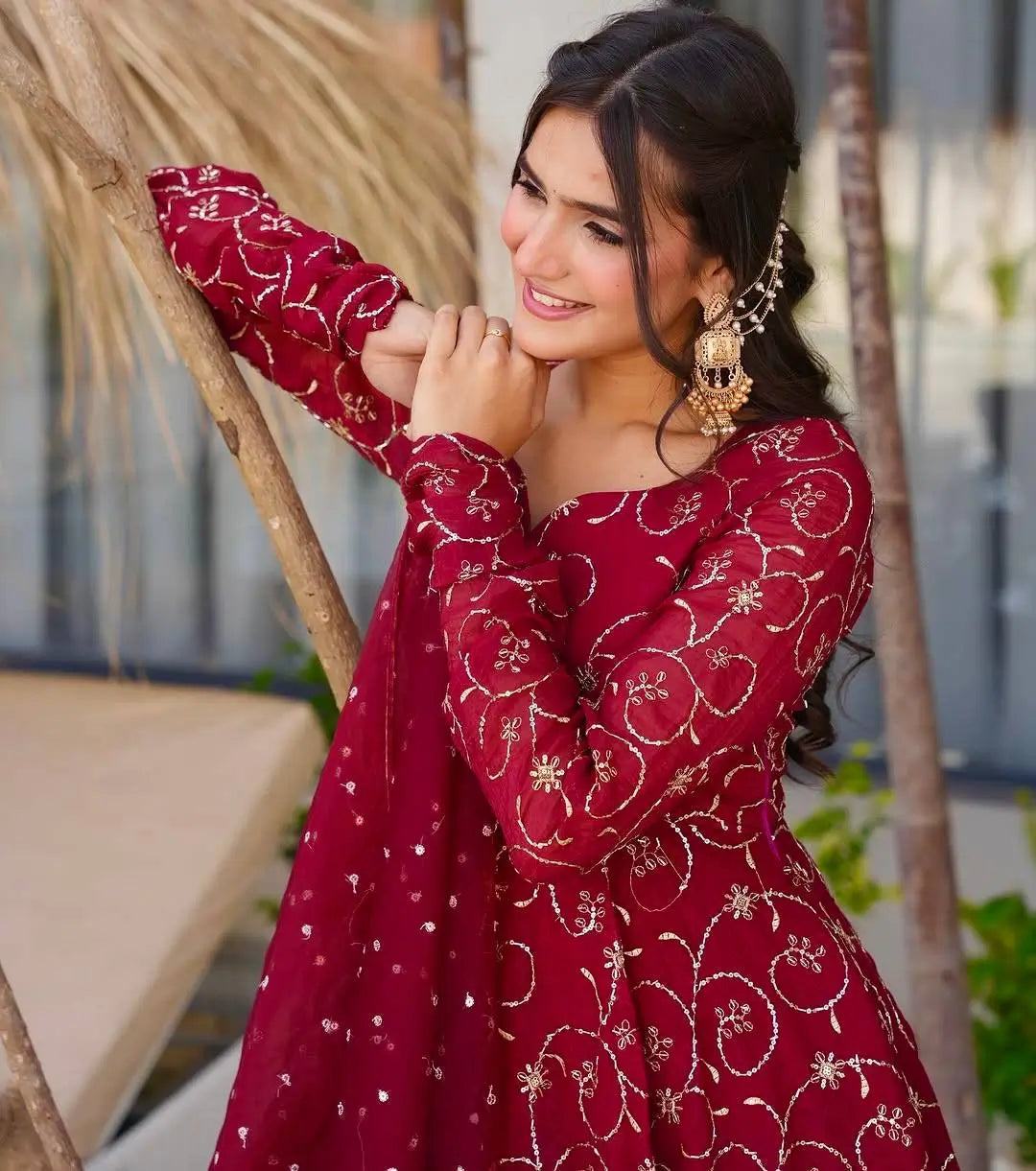 Designer Faux Georgette Embroidered Gown Set