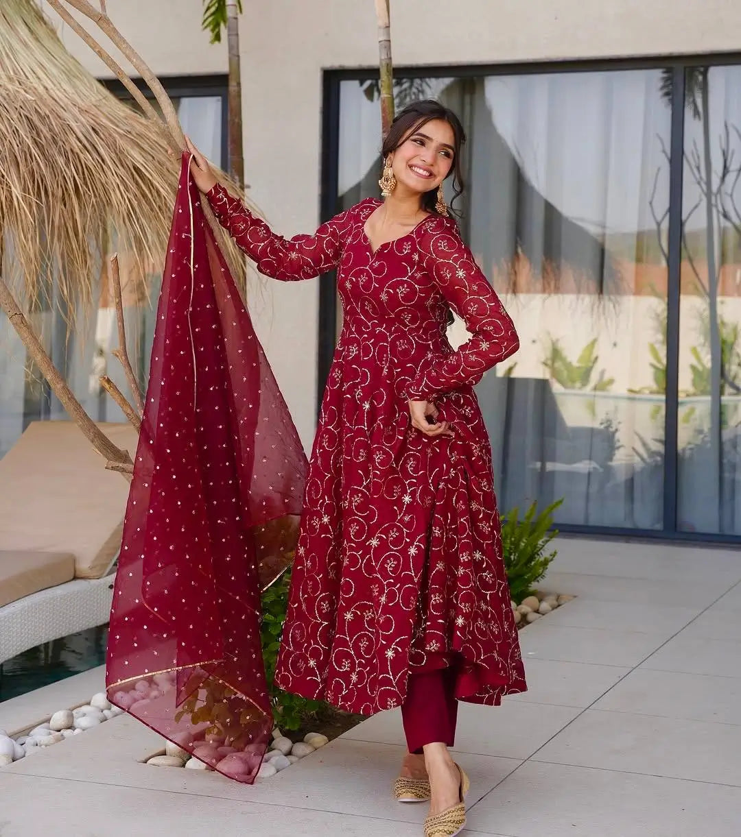 Designer Faux Georgette Embroidered Gown Set