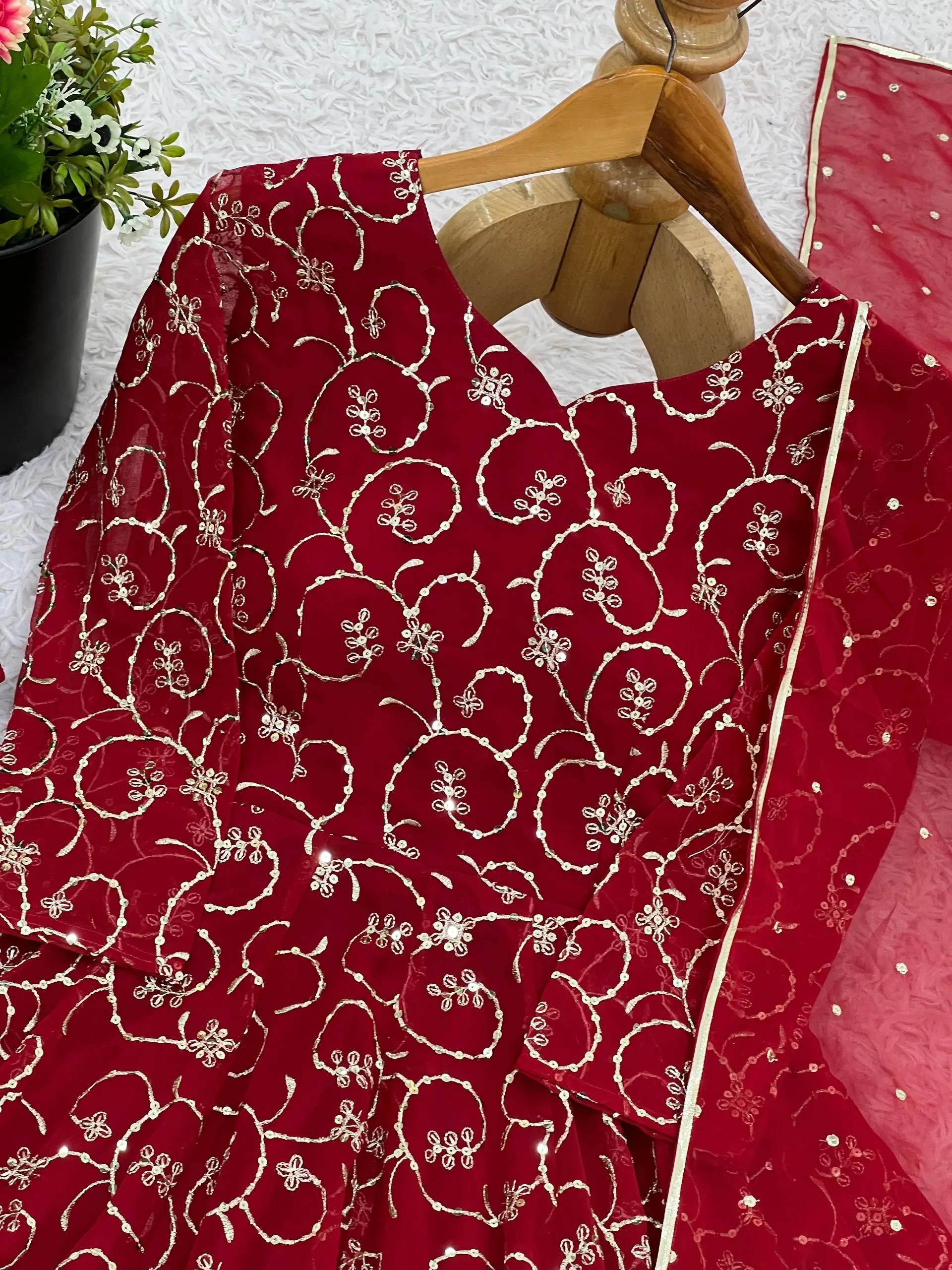 Designer Faux Georgette Embroidered Gown Set