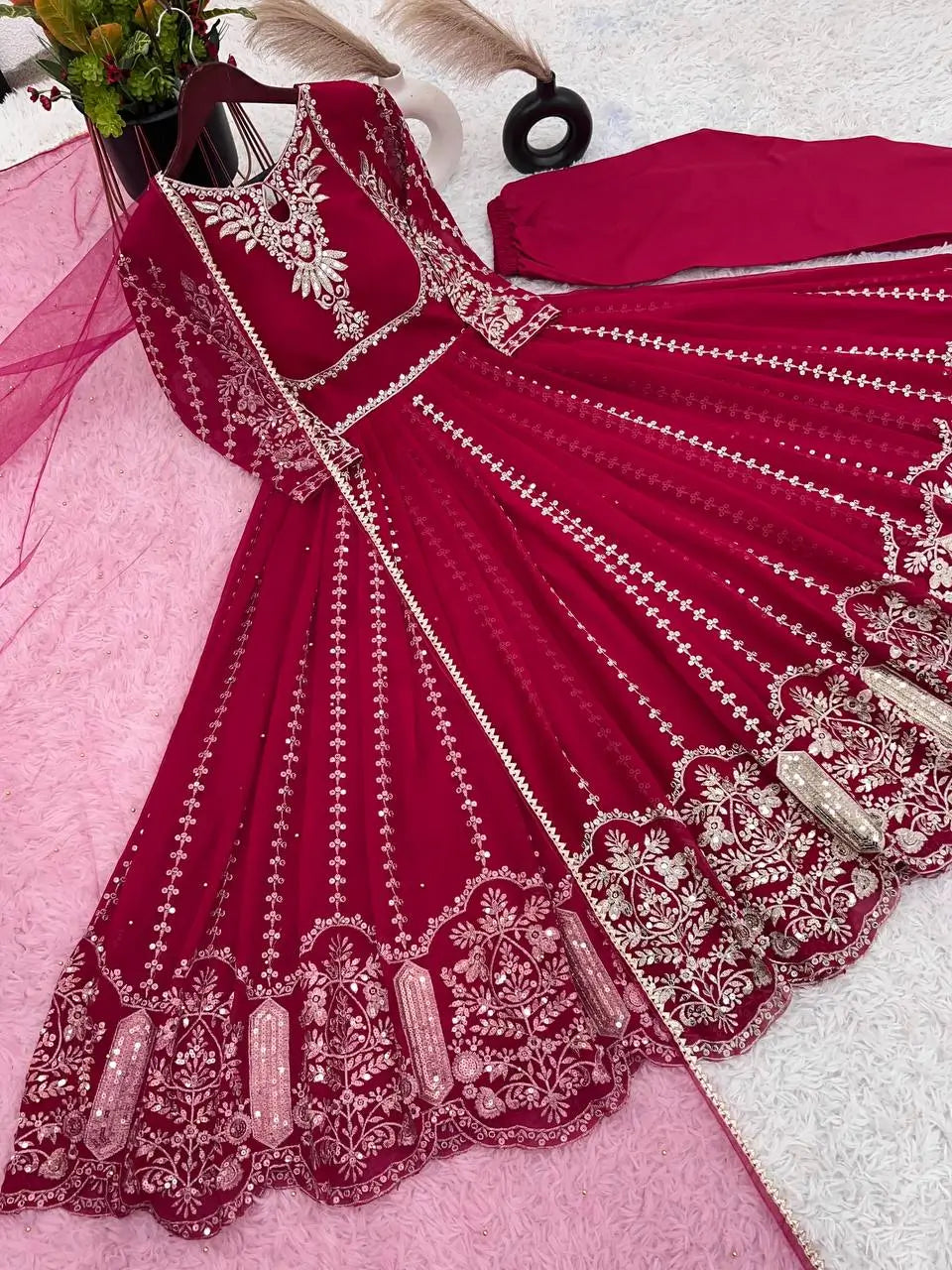 Designer Faux Georgette Embroidered Gown Set