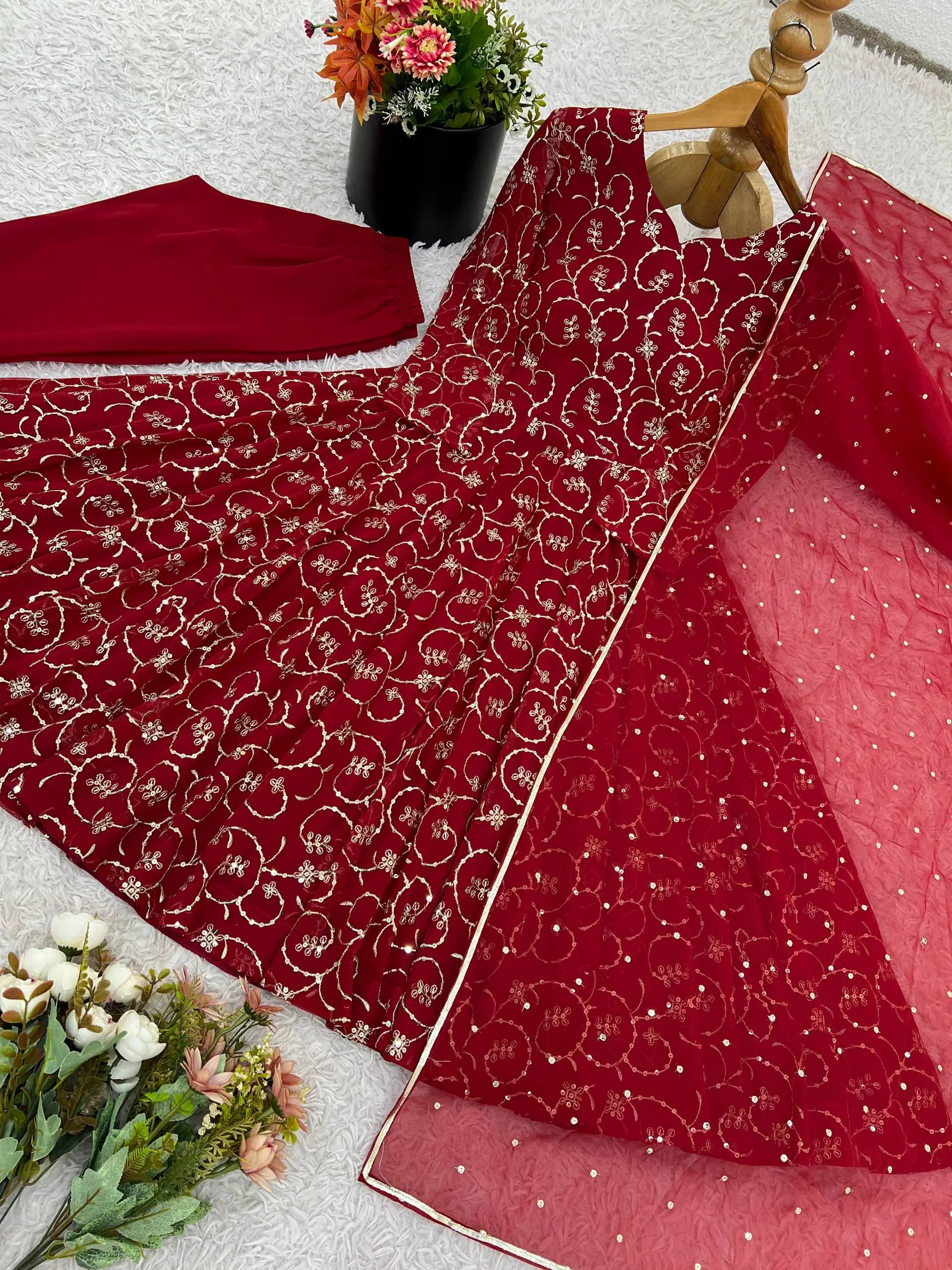 Designer Faux Georgette Embroidered Gown Set