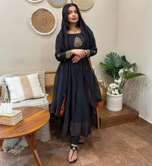 Designer Faux Georgette Embroidered Gown Set with Dupatta