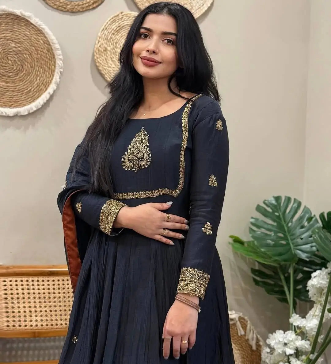 Designer Faux Georgette Embroidered Gown Set with Dupatta