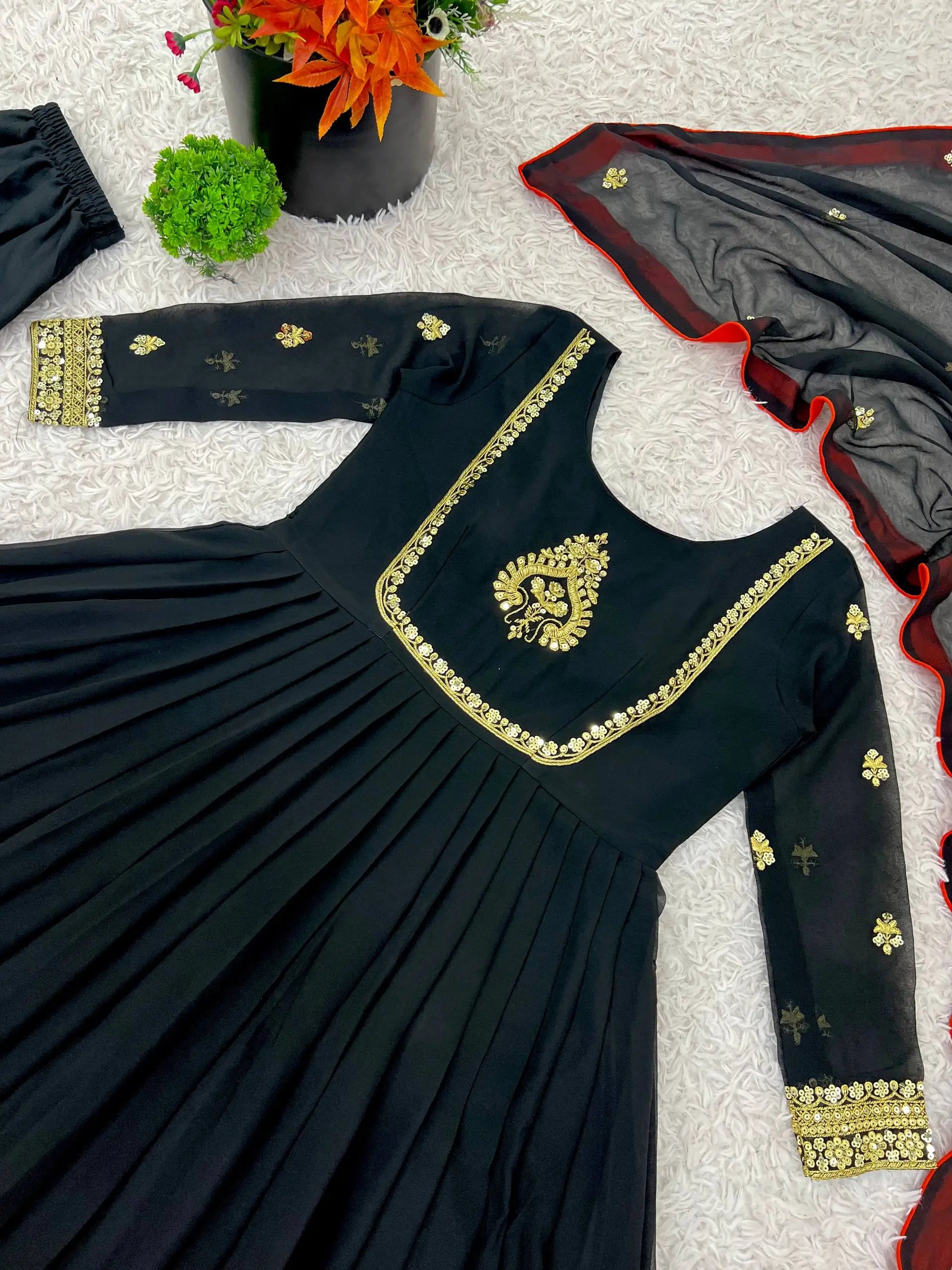 Designer Faux Georgette Embroidered Gown Set with Dupatta