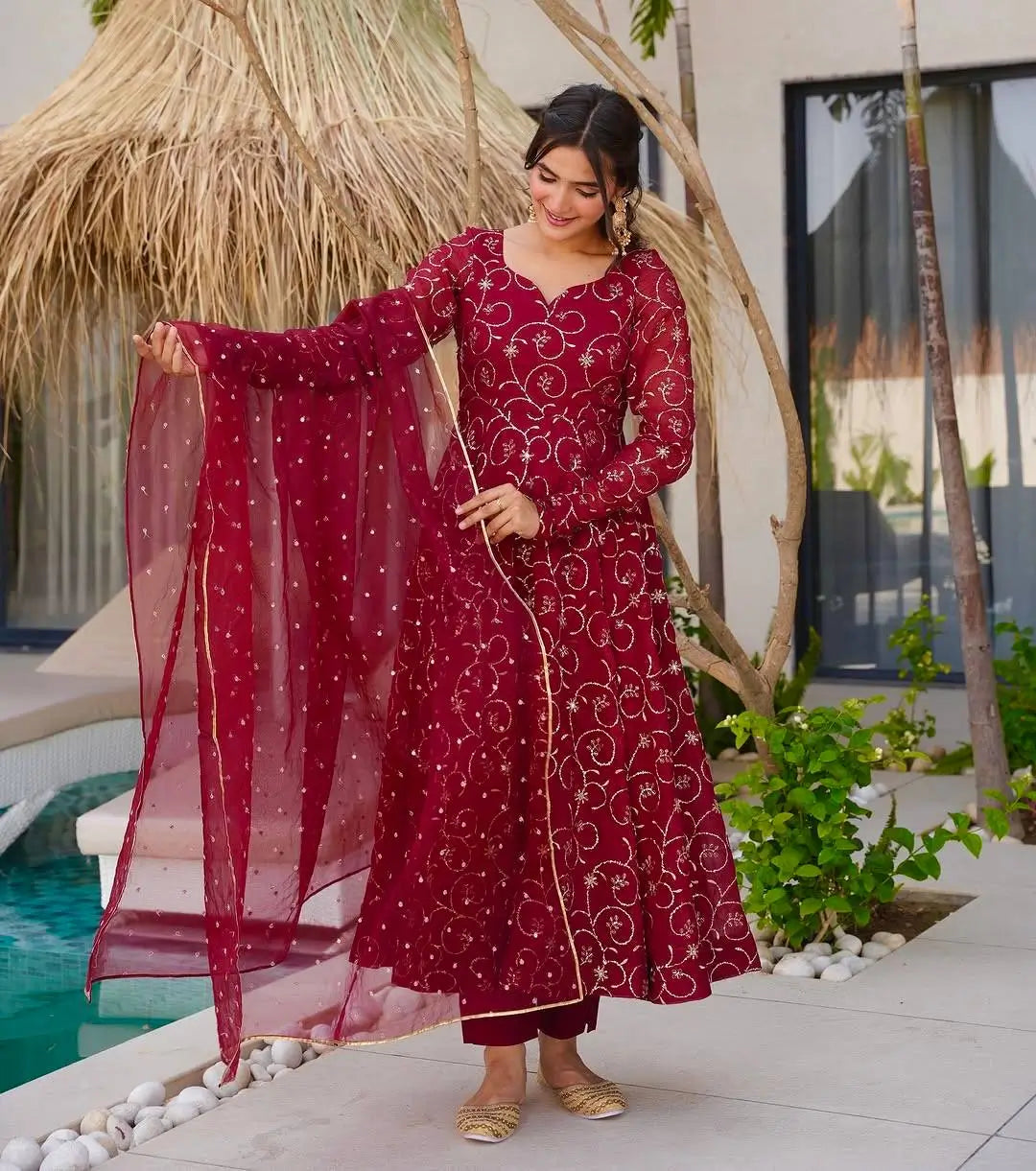 Designer Faux Georgette Embroidered Gown Set