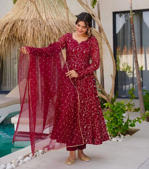 Designer Faux Georgette Embroidered Gown Set