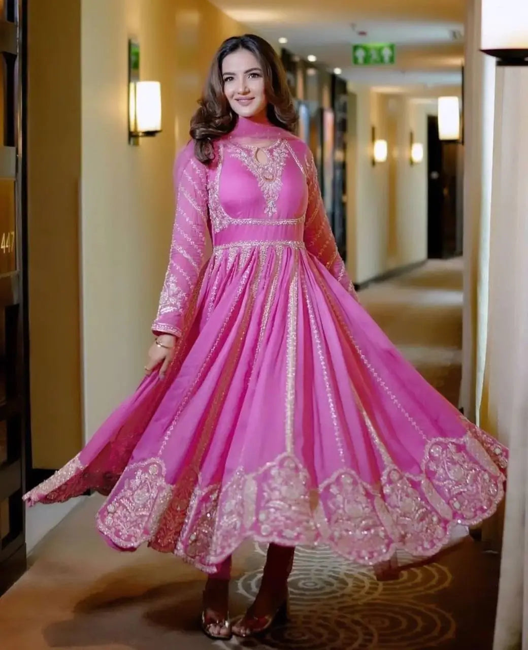 Designer Faux Georgette Embroidered Gown Set