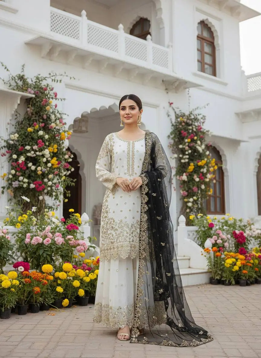 Designer Faux Georgette Embroidered Sharara Set