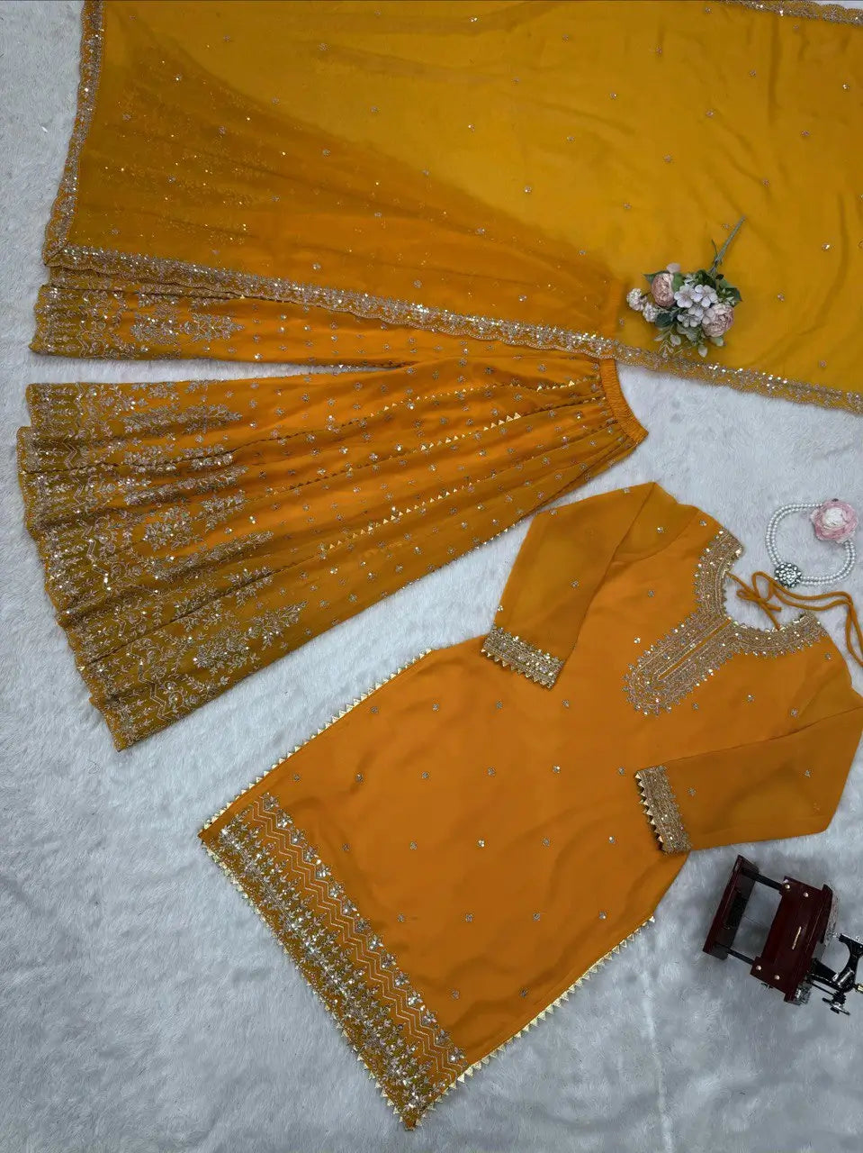 Designer Faux Georgette Embroidered Sharara Set with Dupatta | Mustard & Royal Blue | Festive & Wedding Wear