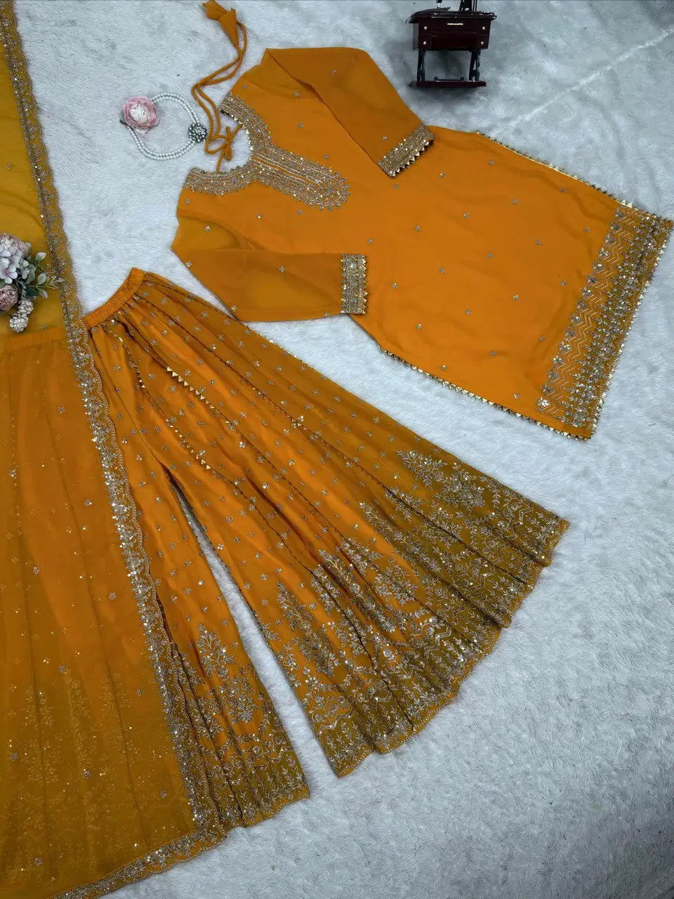 Designer Faux Georgette Embroidered Sharara Set with Dupatta | Mustard & Royal Blue | Festive & Wedding Wear