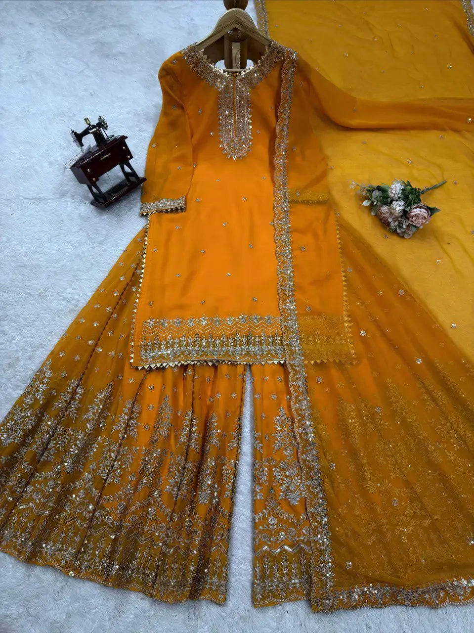 Designer Faux Georgette Embroidered Sharara Set with Dupatta | Mustard & Royal Blue | Festive & Wedding Wear