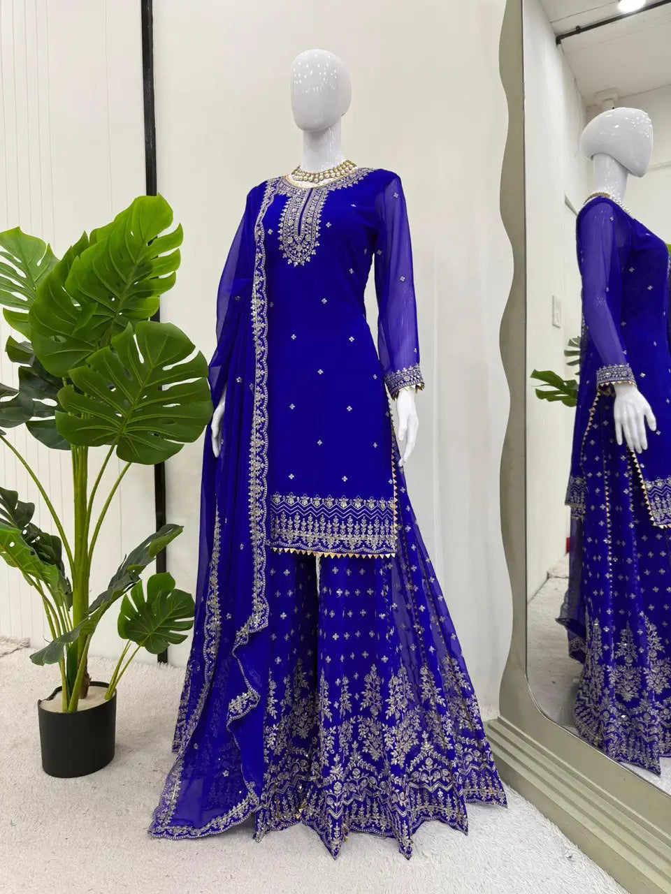 Designer Faux Georgette Embroidered Sharara Set with Dupatta | Mustard & Royal Blue | Festive & Wedding Wear