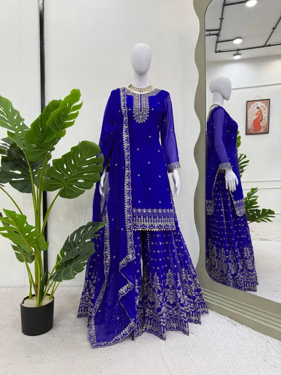 Designer Faux Georgette Embroidered Sharara Set with Dupatta | Mustard & Royal Blue | Festive & Wedding Wear