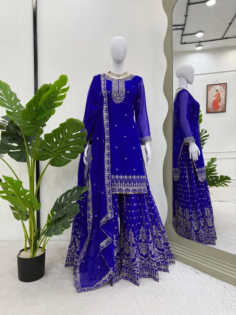 Designer Faux Georgette Embroidered Sharara Set with Dupatta | Mustard & Royal Blue | Festive & Wedding Wear