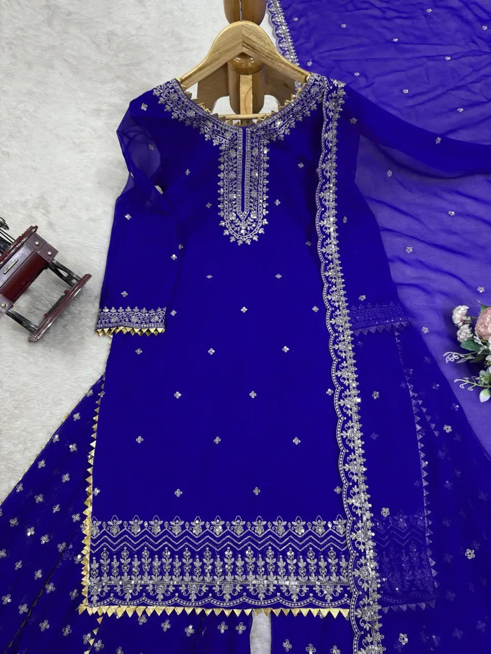 Designer Faux Georgette Embroidered Sharara Set with Dupatta | Mustard & Royal Blue | Festive & Wedding Wear