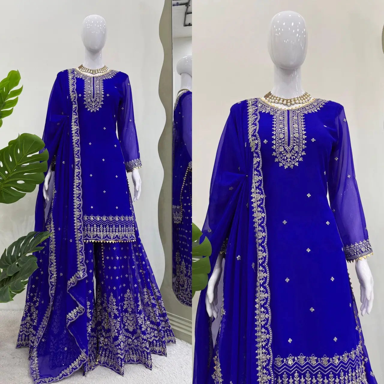 Designer Faux Georgette Embroidered Sharara Set with Dupatta | Mustard & Royal Blue | Festive & Wedding Wear