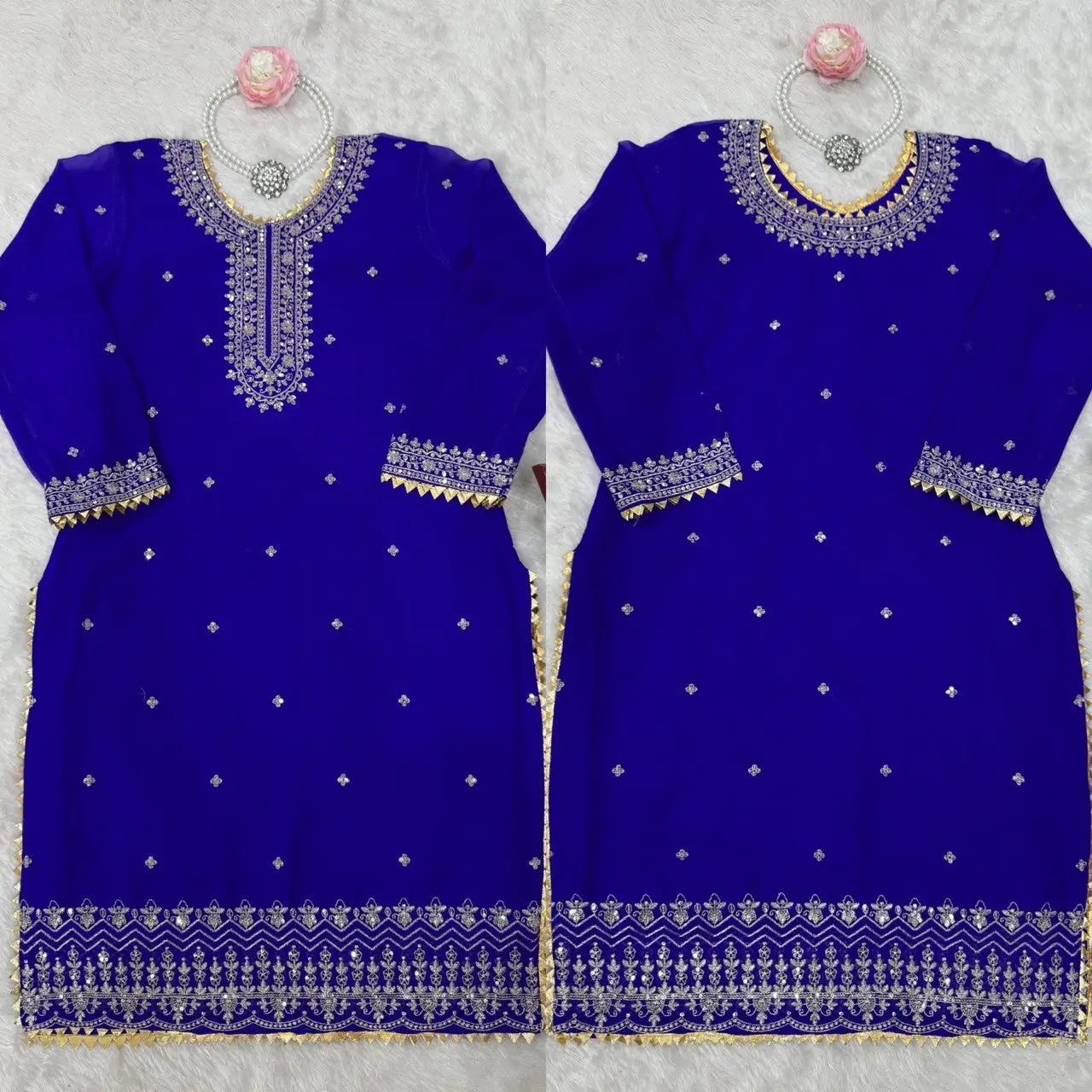 Designer Faux Georgette Embroidered Sharara Set with Dupatta | Mustard & Royal Blue | Festive & Wedding Wear