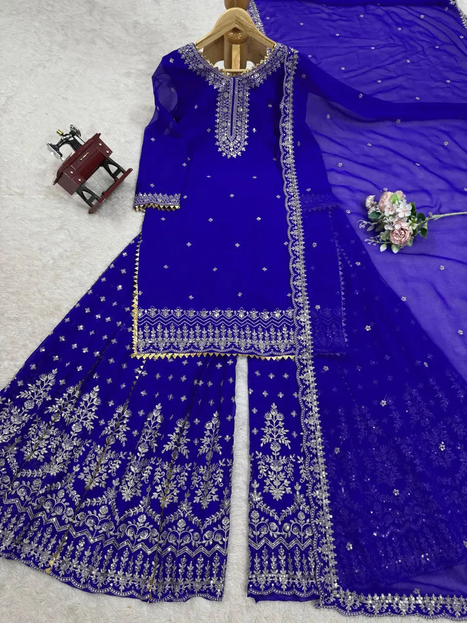 Designer Faux Georgette Embroidered Sharara Set with Dupatta | Mustard & Royal Blue | Festive & Wedding Wear