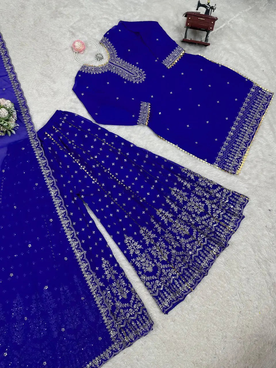 Designer Faux Georgette Embroidered Sharara Set with Dupatta | Mustard & Royal Blue | Festive & Wedding Wear
