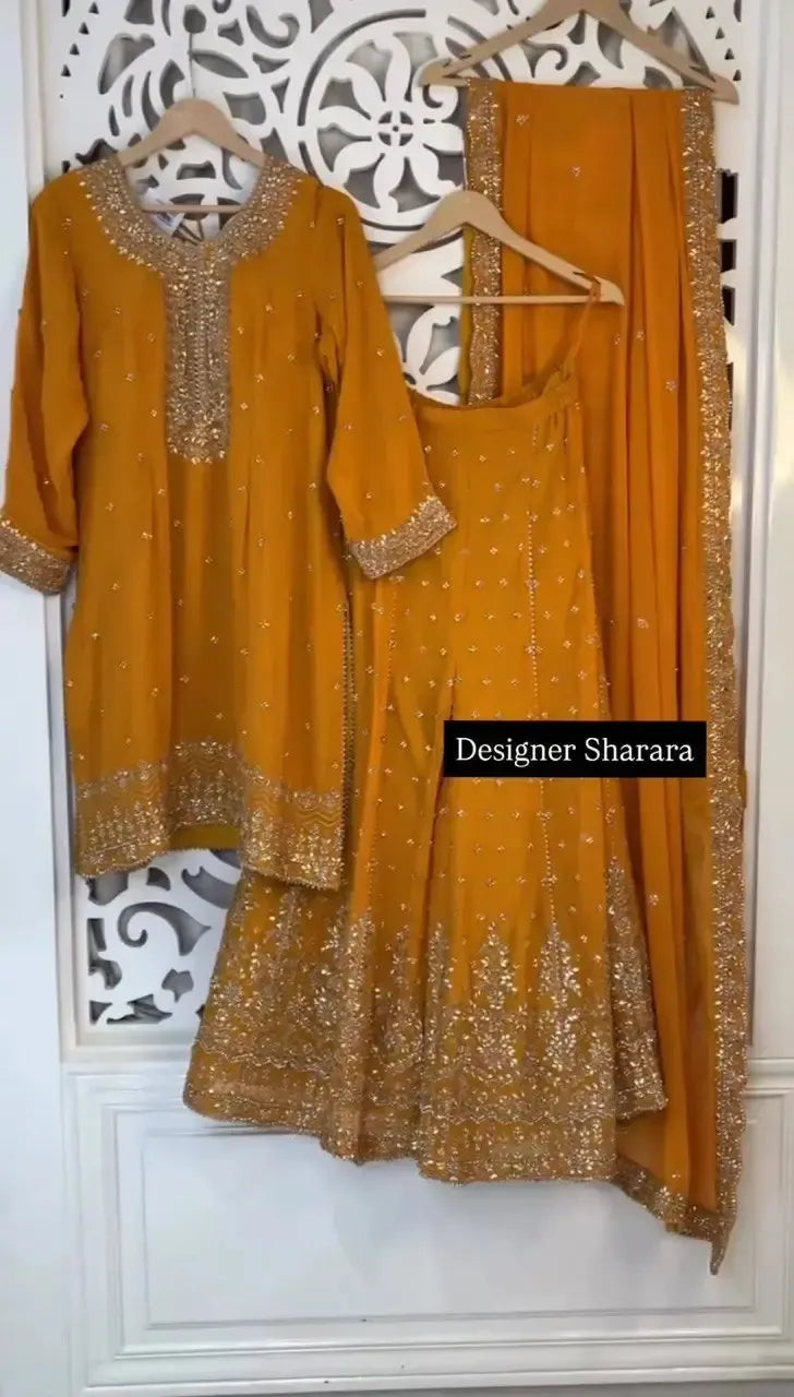 Designer Faux Georgette Embroidered Sharara Set with Dupatta | Mustard & Royal Blue | Festive & Wedding Wear