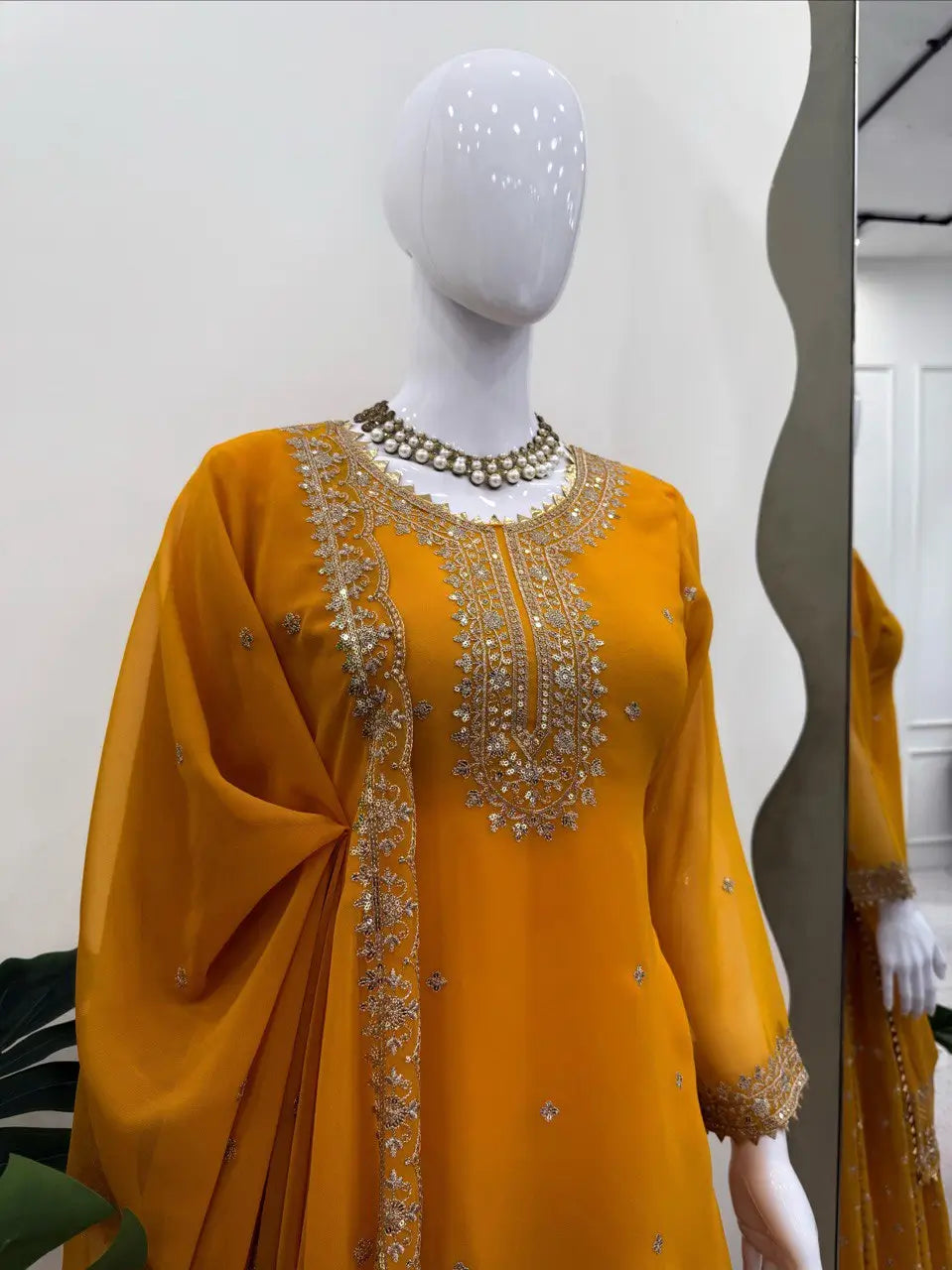 Designer Faux Georgette Embroidered Sharara Set with Dupatta | Mustard & Royal Blue | Festive & Wedding Wear