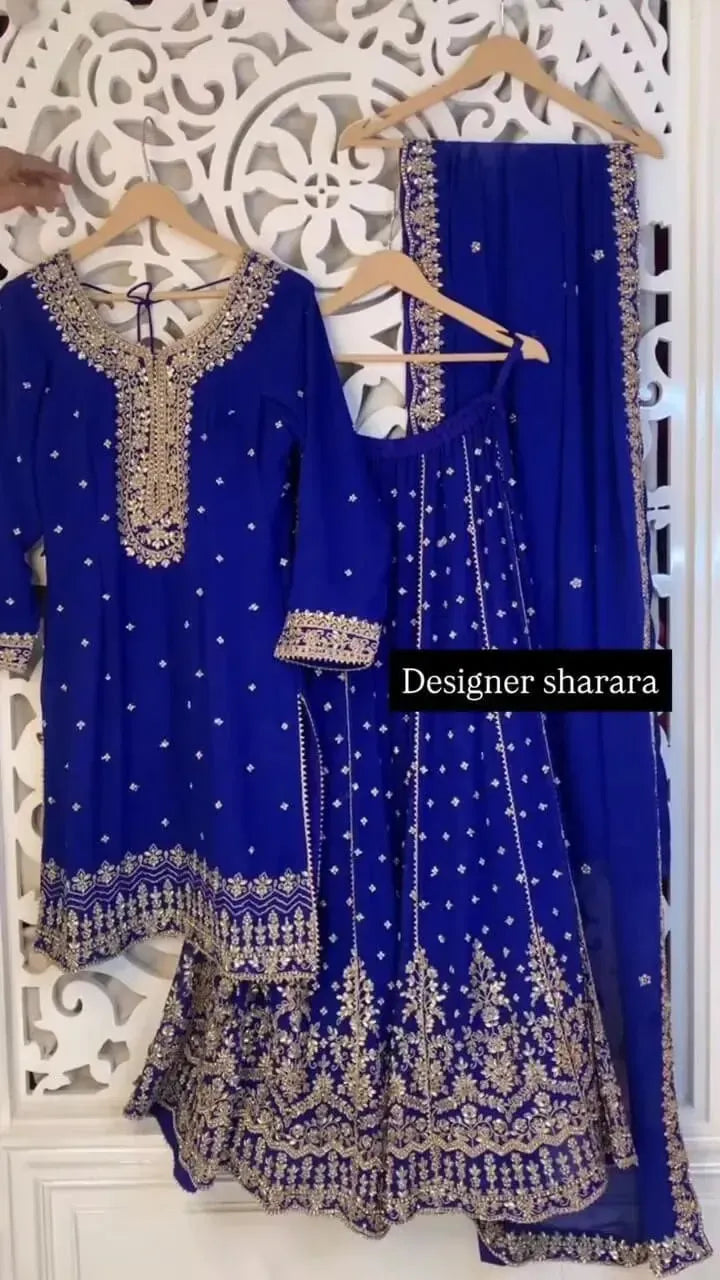 Designer Faux Georgette Embroidered Sharara Set with Dupatta | Mustard & Royal Blue | Festive & Wedding Wear