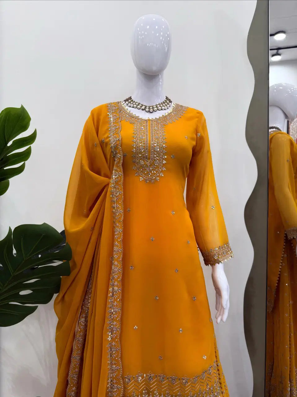 Designer Faux Georgette Embroidered Sharara Set with Dupatta | Mustard & Royal Blue | Festive & Wedding Wear