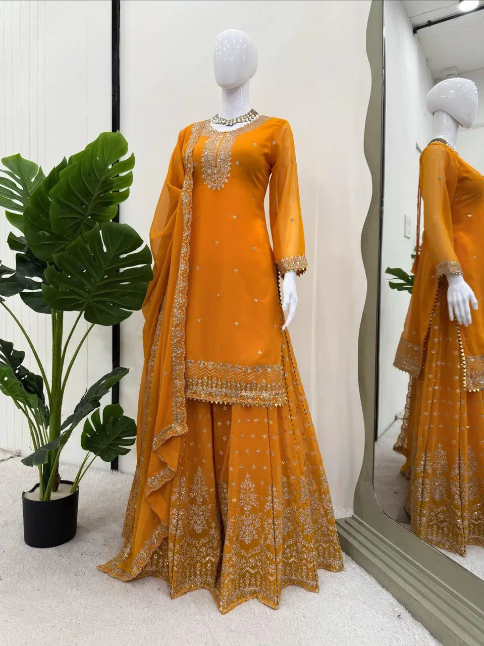 Designer Faux Georgette Embroidered Sharara Set with Dupatta | Mustard & Royal Blue | Festive & Wedding Wear