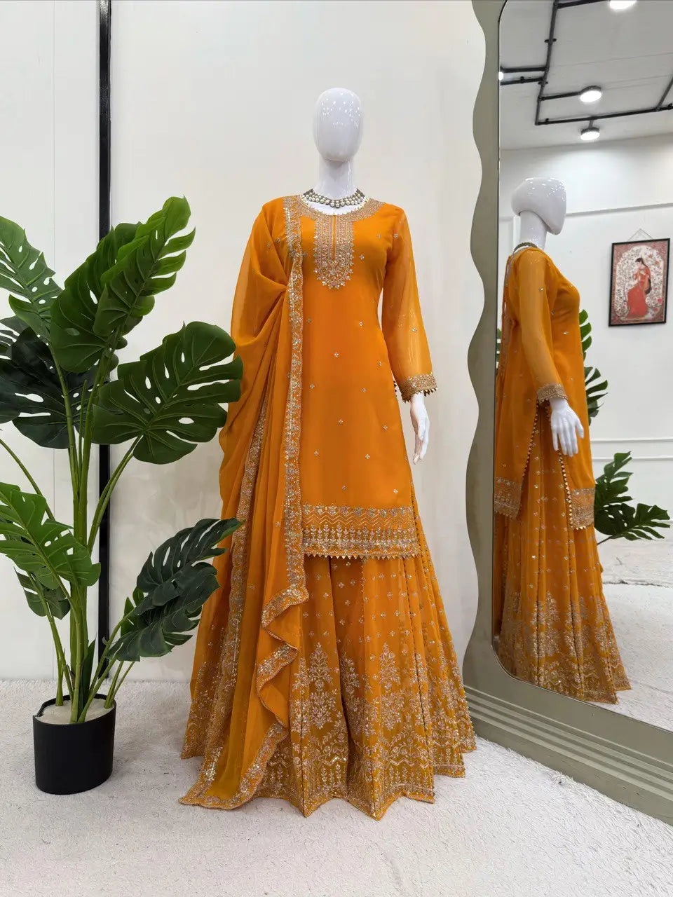 Designer Faux Georgette Embroidered Sharara Set with Dupatta | Mustard & Royal Blue | Festive & Wedding Wear