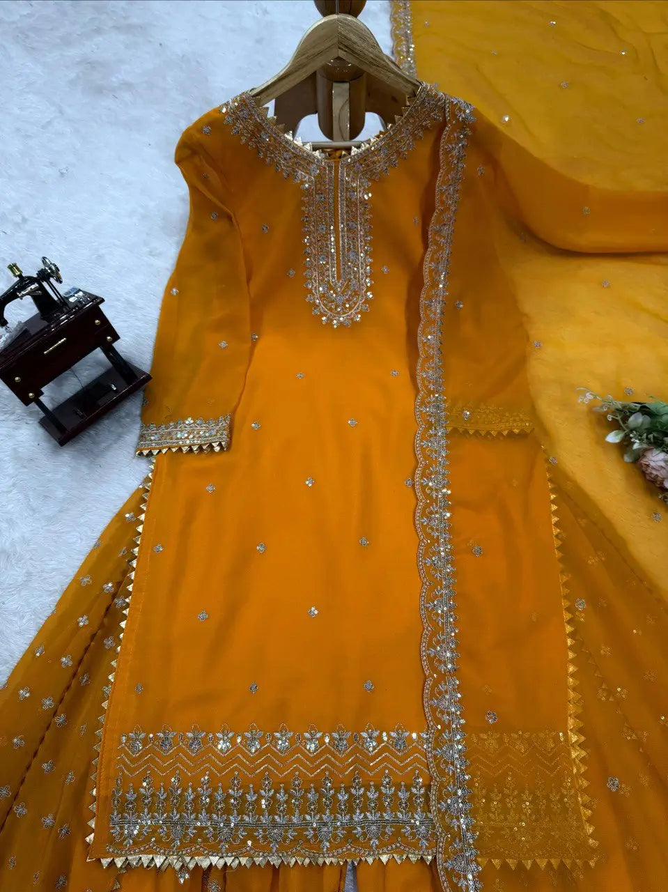 Designer Faux Georgette Embroidered Sharara Set with Dupatta | Mustard & Royal Blue | Festive & Wedding Wear