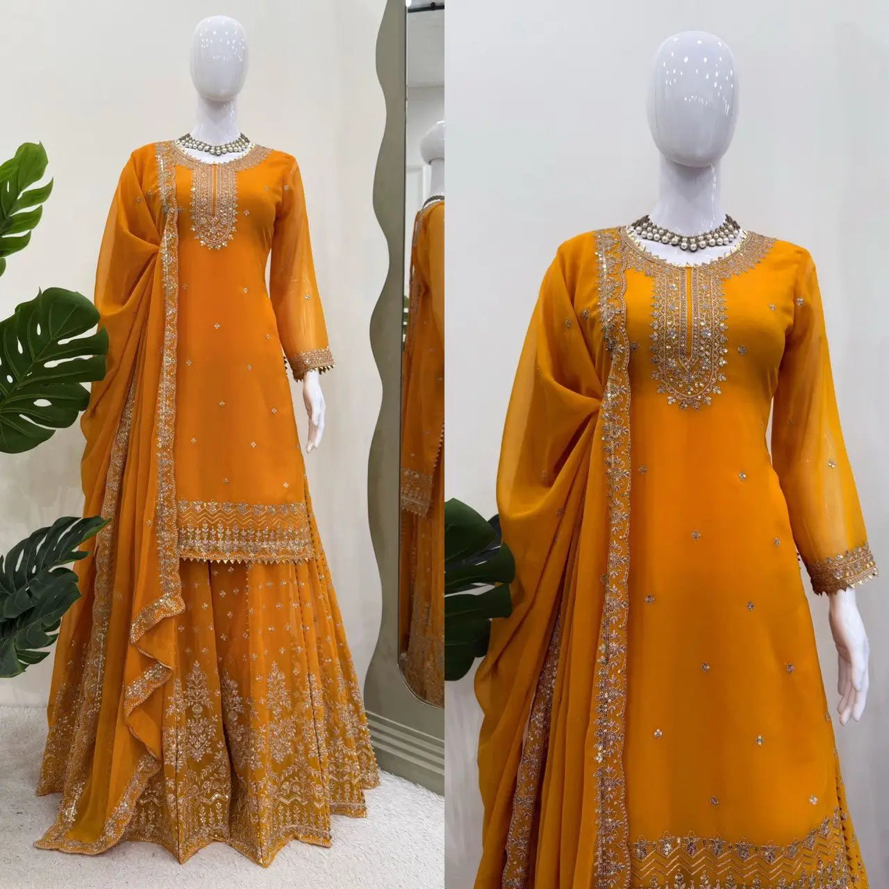 Designer Faux Georgette Embroidered Sharara Set with Dupatta | Mustard & Royal Blue | Festive & Wedding Wear