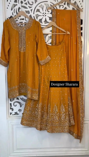 Designer Faux Georgette Embroidered Sharara Set with Dupatta | Mustard & Royal Blue | Festive & Wedding Wear