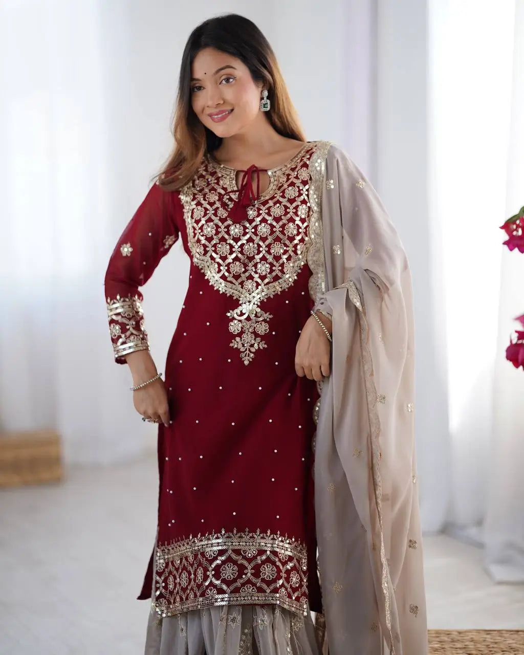 Designer Faux Georgette Embroidered Sharara Suit Set