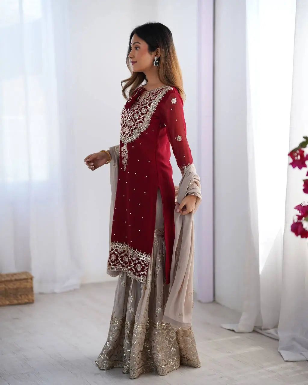 Designer Faux Georgette Embroidered Sharara Suit Set
