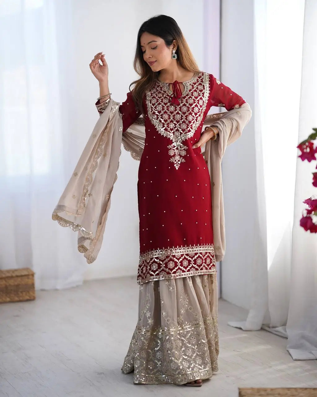 Designer Faux Georgette Embroidered Sharara Suit Set