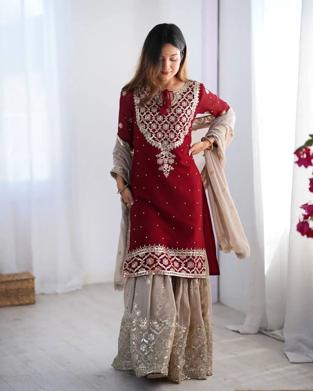 Designer Faux Georgette Embroidered Sharara Suit Set