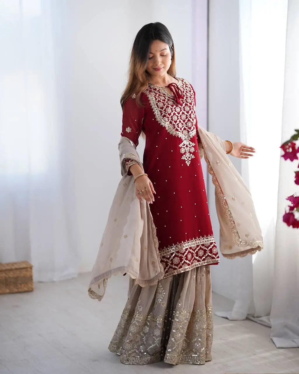 Designer Faux Georgette Embroidered Sharara Suit Set