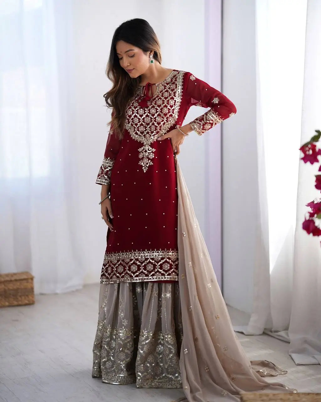 Designer Faux Georgette Embroidered Sharara Suit Set